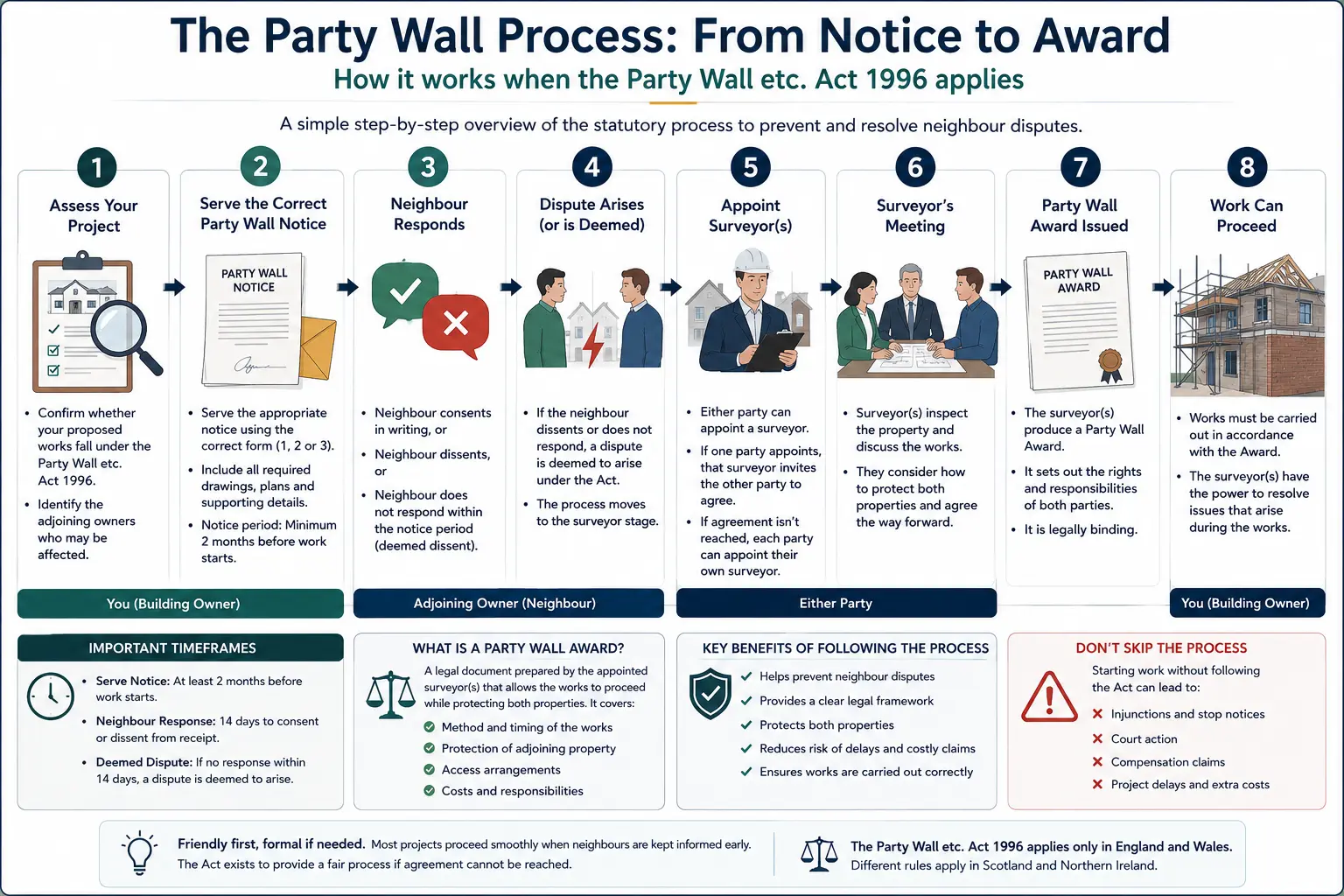 Do I Need a Party Wall Agreement? An infographic showing the party wall process from notice to award in a very interactive way for the citizens living in Leicester, UK