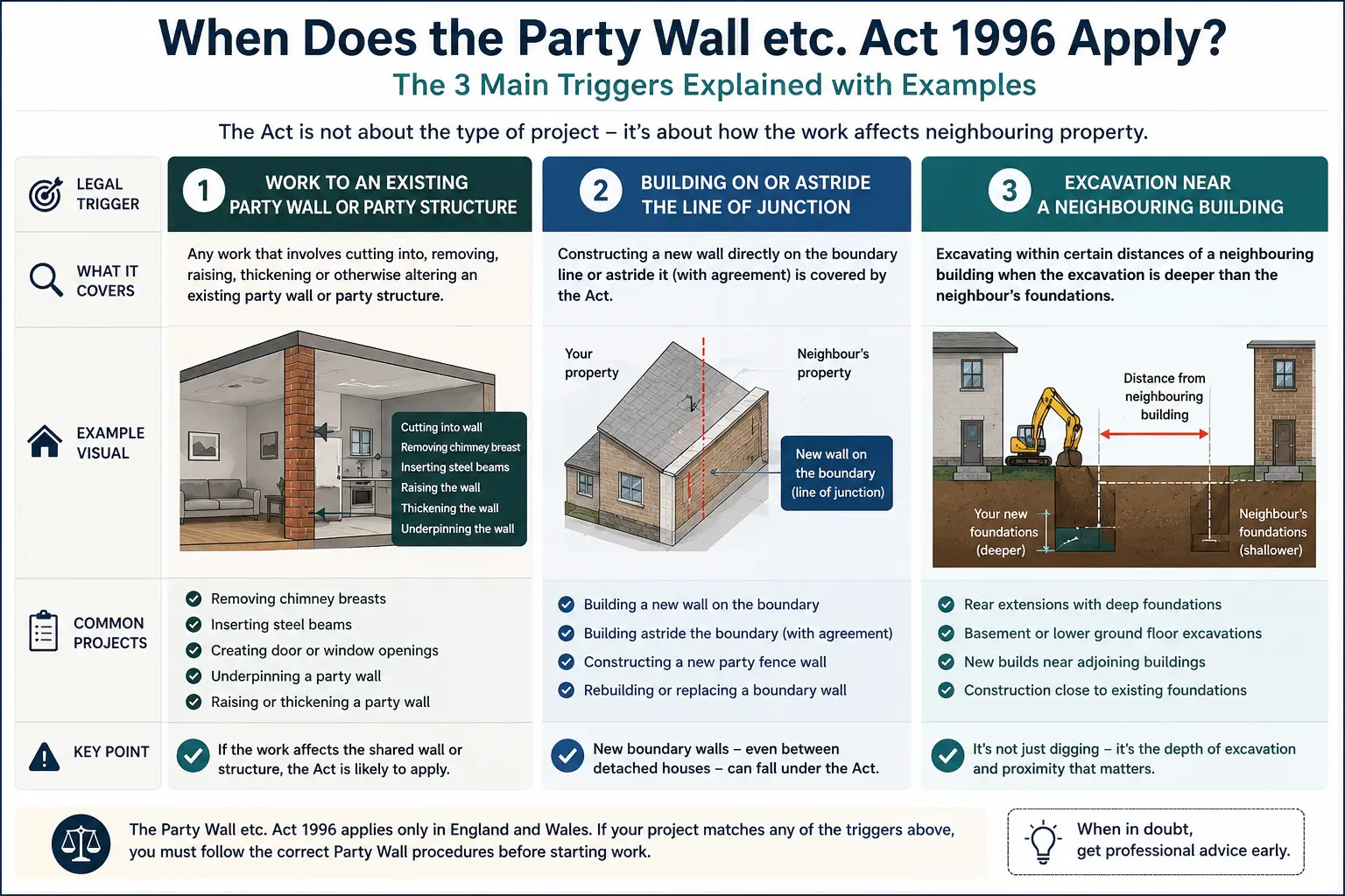 Do I Need a Party Wall Agreement? An infographic showing when does the party wall etc act 1996 apply like excavation, junction, painting, in Leicester, UK